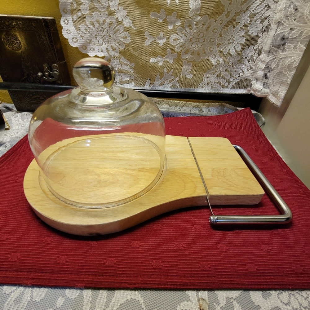 Maple Cheese Cutting Board Stainless Steel Cutter Dome Glass Lid